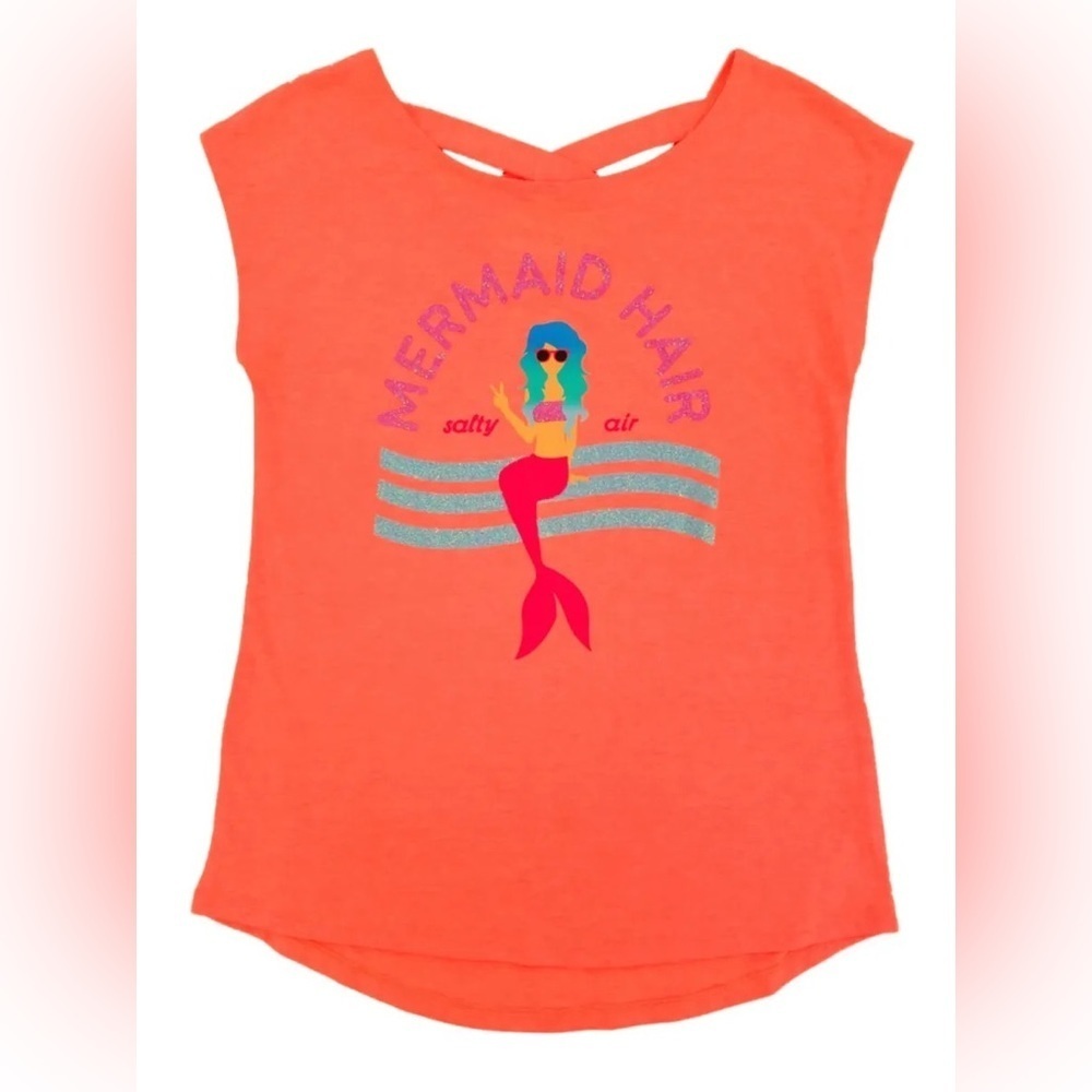 Girls Coral Orange Glitter Mermaid Hair Salty Air T-Shirt Tee Shirt Top sz xl